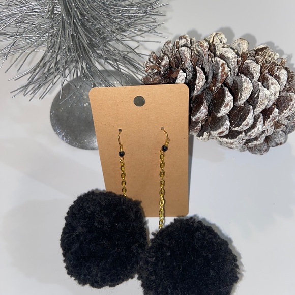 Black Large Pom Pom Earrings - Picture 5 of 5